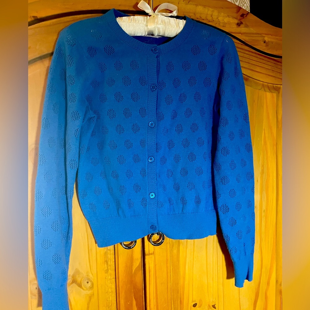 Cropped royal blue cardigan, polka dot in knit. Womens XS, Cath Kidston